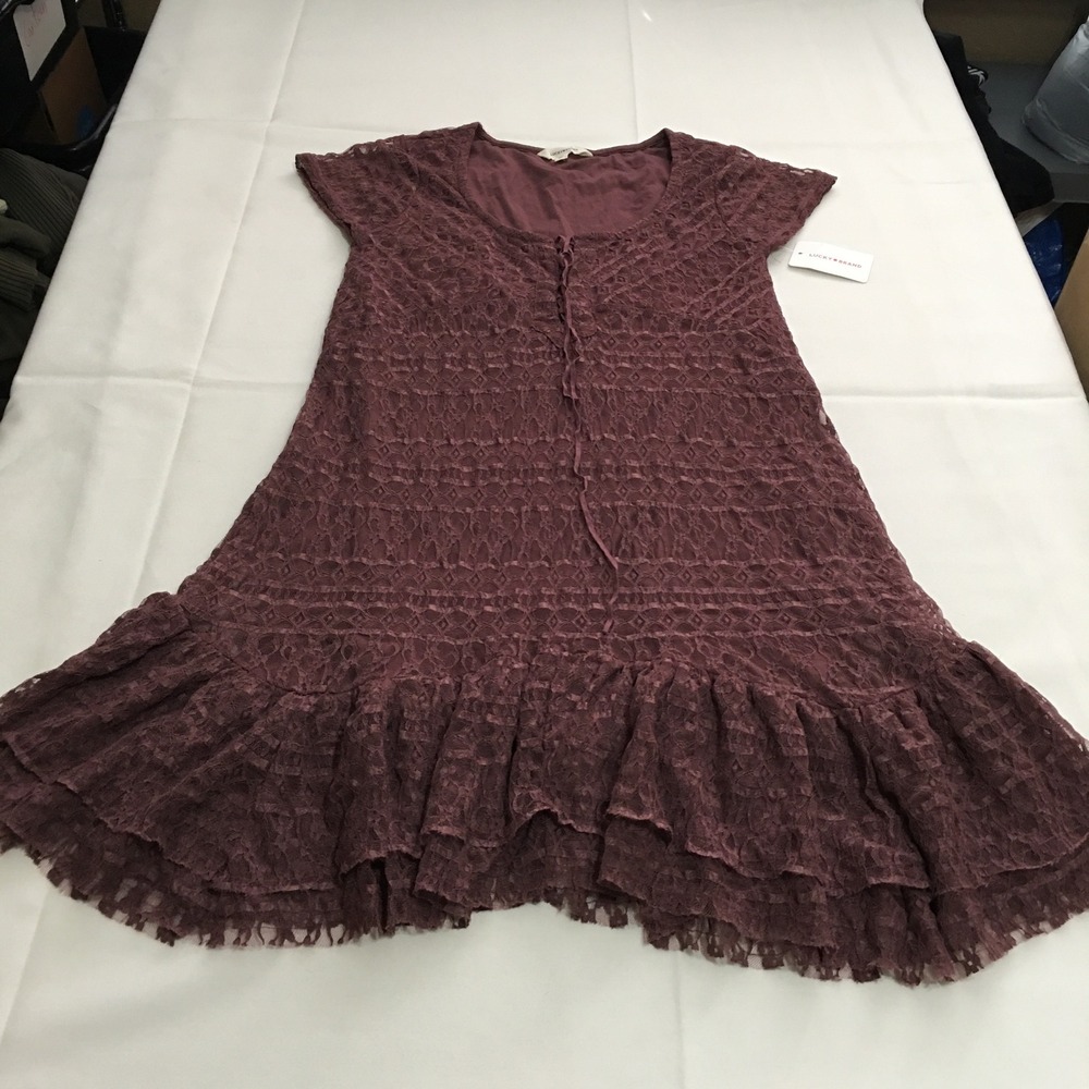 Lucky Brand Mini Dress Womens Medium Burgundy Lace Up Ruffle Hem NWT $99.00